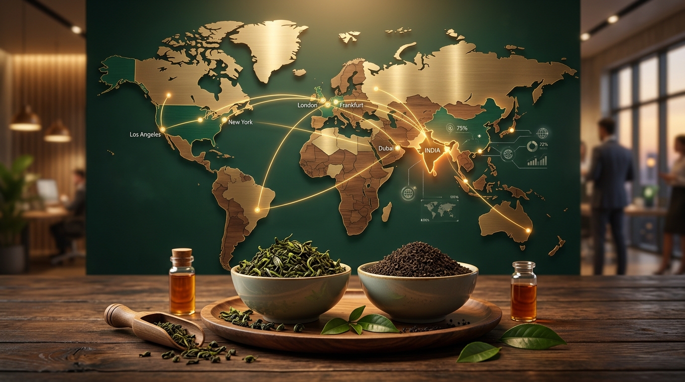 Premium Indian tea leaves displayed with a world map showing global export routes from Kolkata to the Middle East, Europe, and the Americas — representing Adsun International's AI-powered global reach.