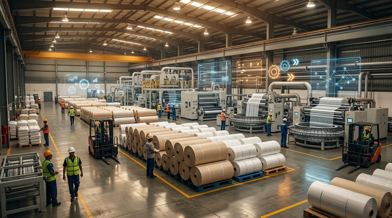 Modern polymer manufacturing facility with AI automation overlay