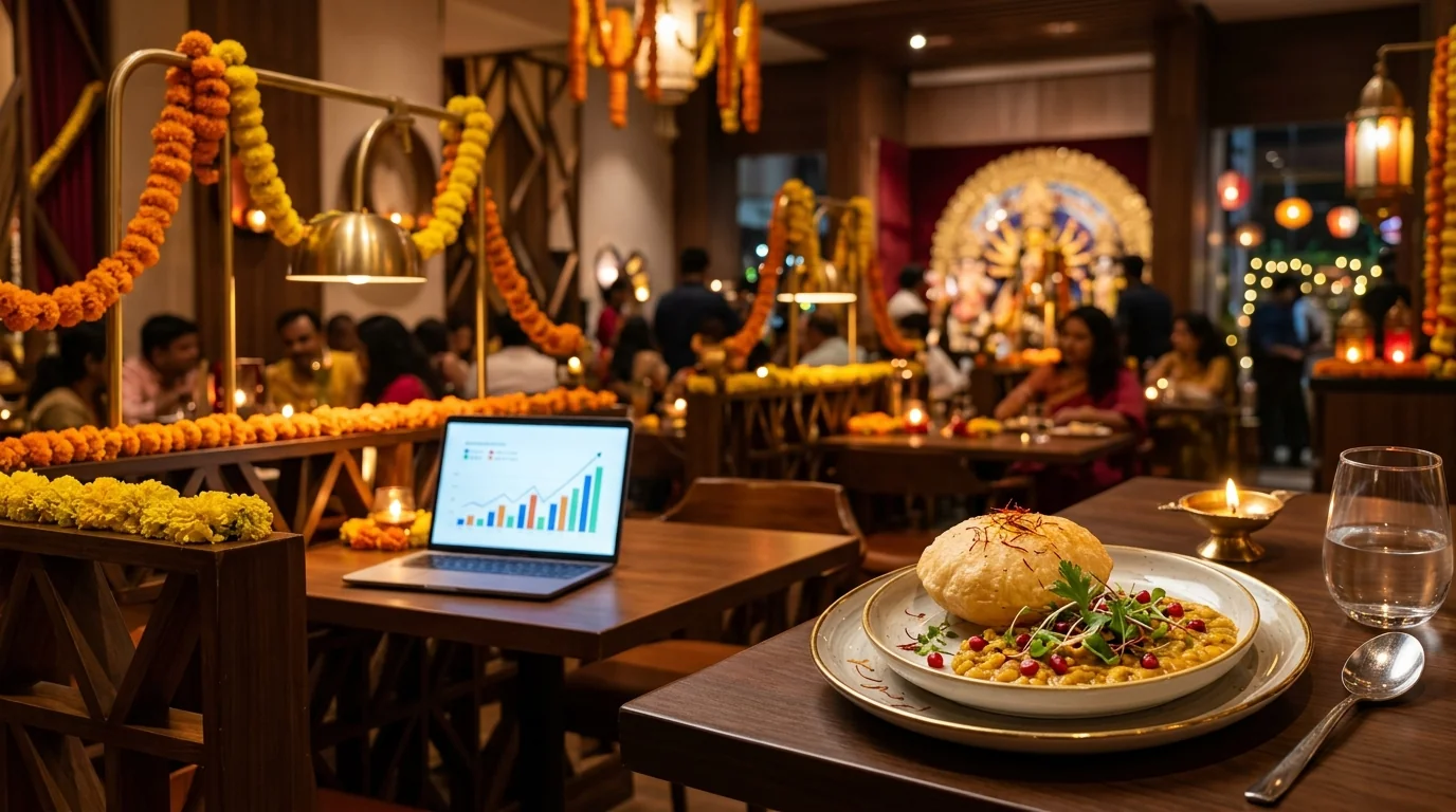 Karlaa Restaurant Laketown with Durga Puja festive decorations and digital marketing dashboard