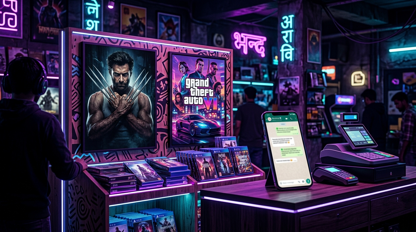 Gaming retail store display featuring Wolverine and GTA VI promotional artwork alongside a smartphone showing a WhatsApp broadcast campaign message and a point-of-sale terminal.
